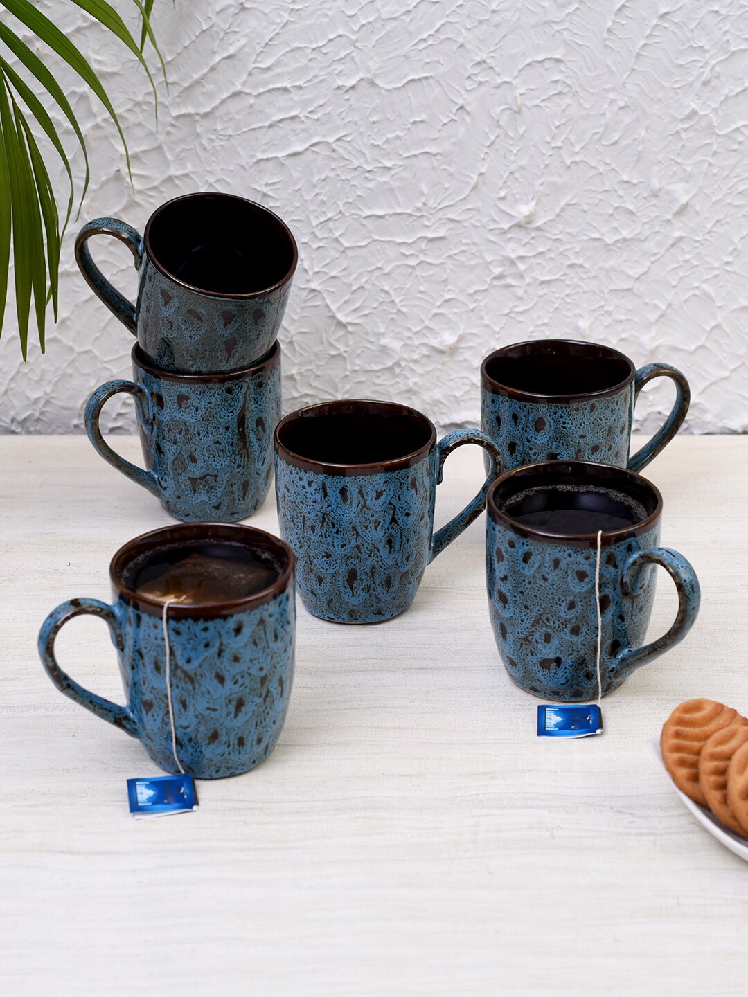 

Unravel India Set Of 6 Blue & Brown Printed Handmade Ceramic Cups