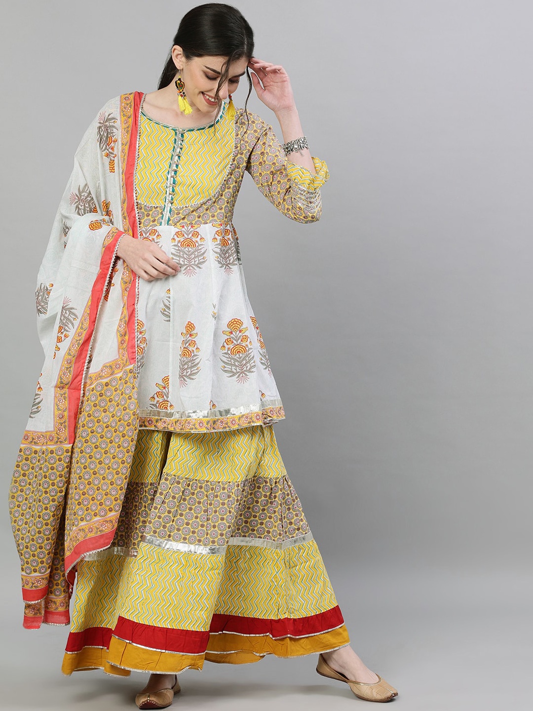 

Ishin Women Mustard Yellow & Grey Printed Kurti with Sharara & Dupatta
