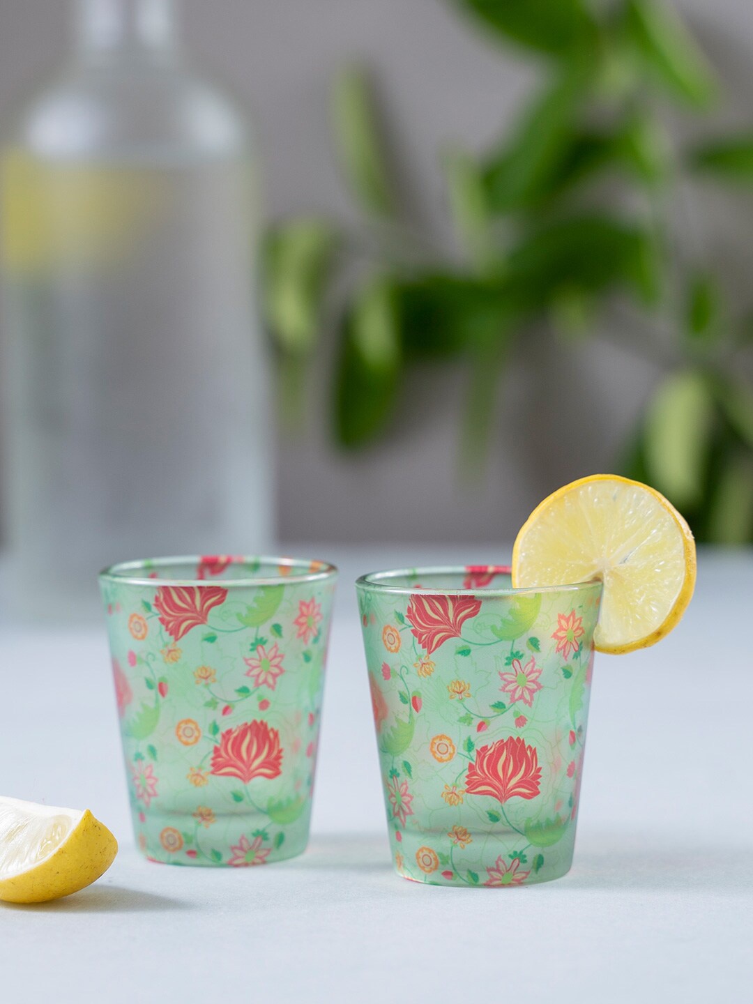 

KOLOROBIA Set Of 2 Green & Red Ornate Mughal Frosted Shot Glasses