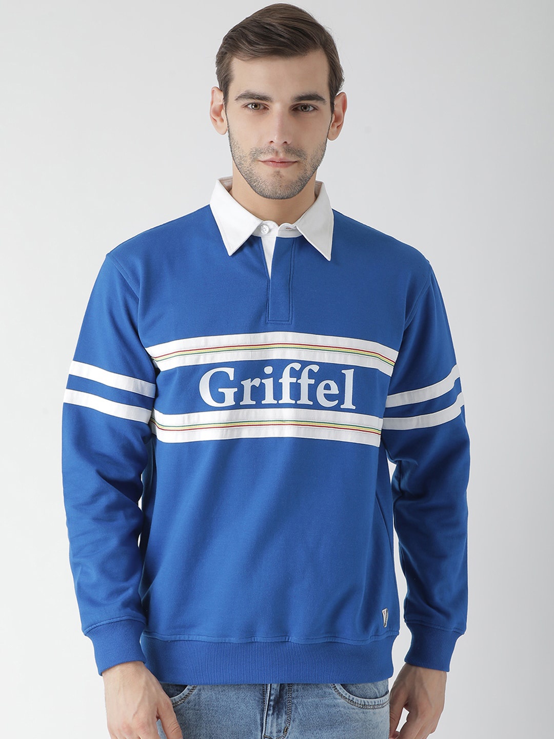 GRIFFEL Men Blue & Blue Printed Sweatshirt