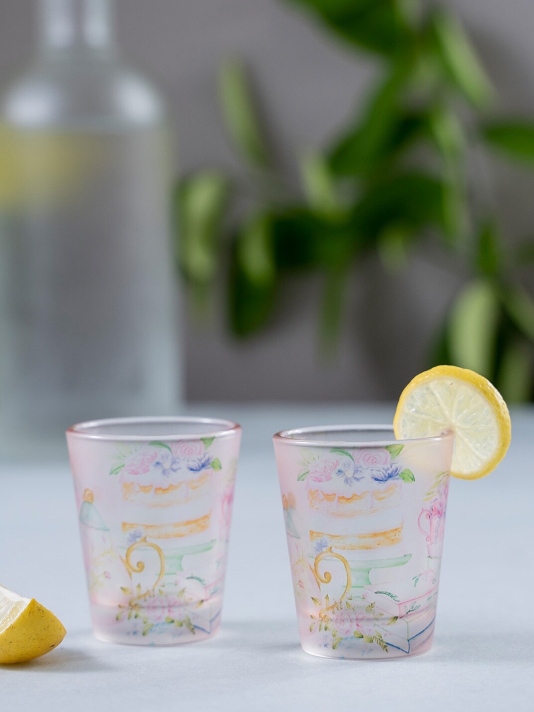 KOLOROBIA Set Of 2 Pink & Blue English Garden Tea Party Frosted Shot Glasses