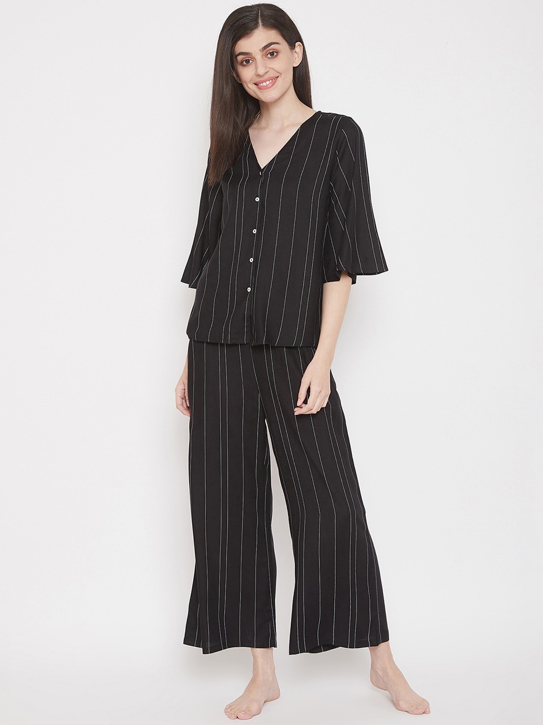 

Clovia Women Black & White Striped Night Suit