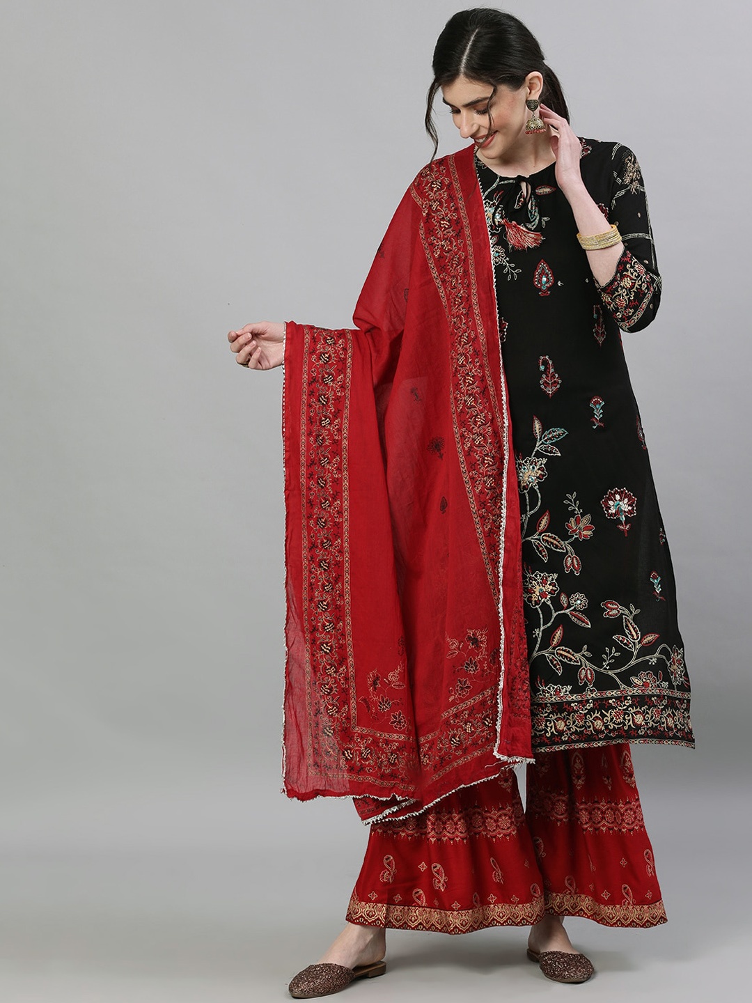 

Ishin Embroidered Tie-Up Neck Ethnic Motifs Kurta with Sharara & Dupatta, Black