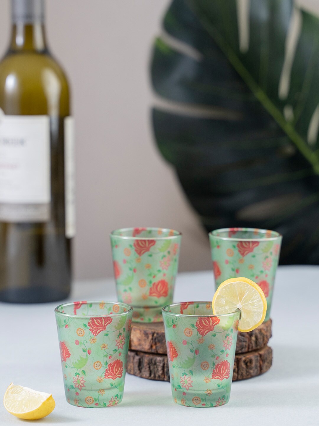 

KOLOROBIA Set Of 4 Green & Pink Ornate Mughal Frosted Shot Glasses