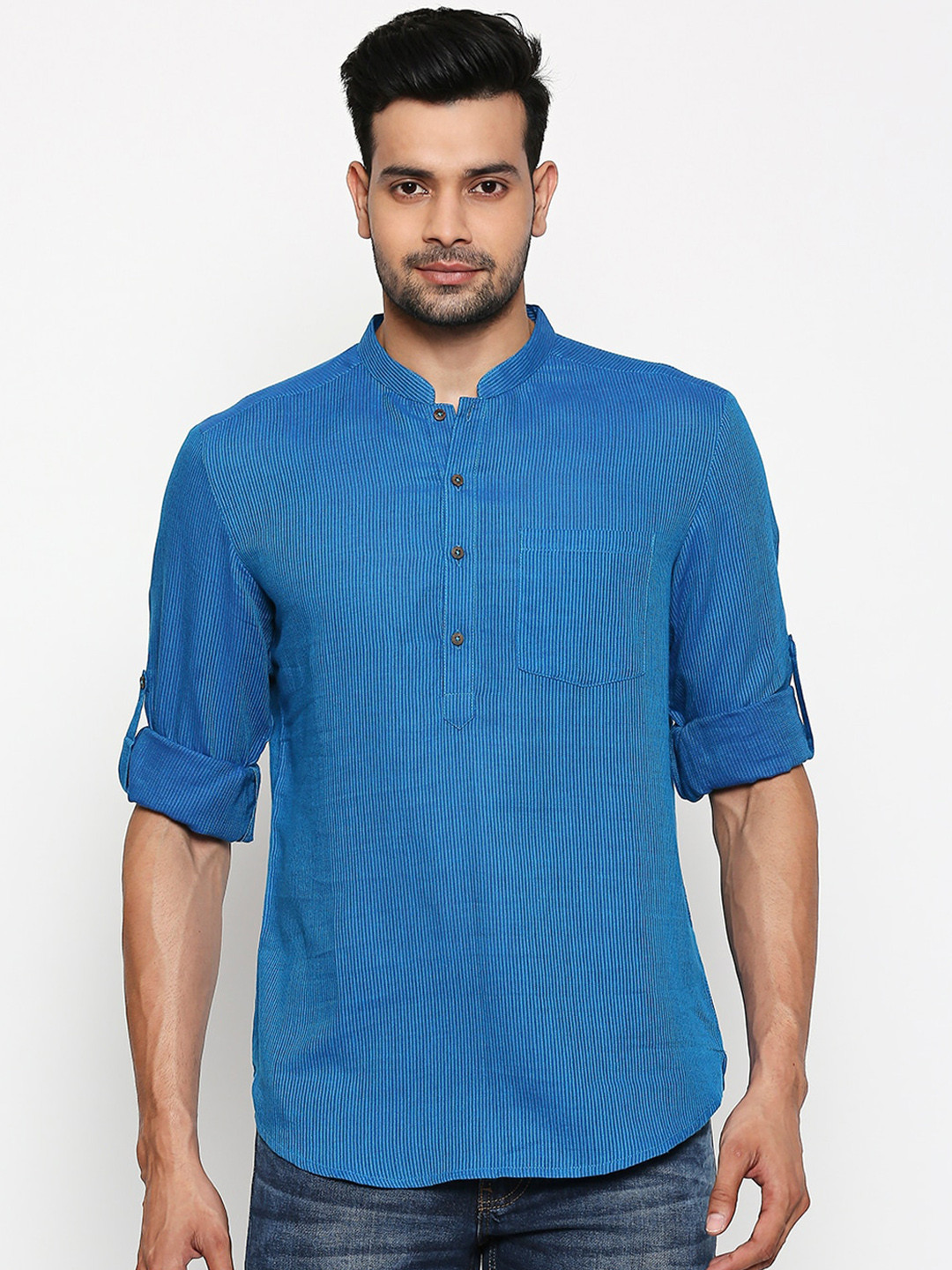 

indus route by Pantaloons Men Blue Striped Straight Kurta