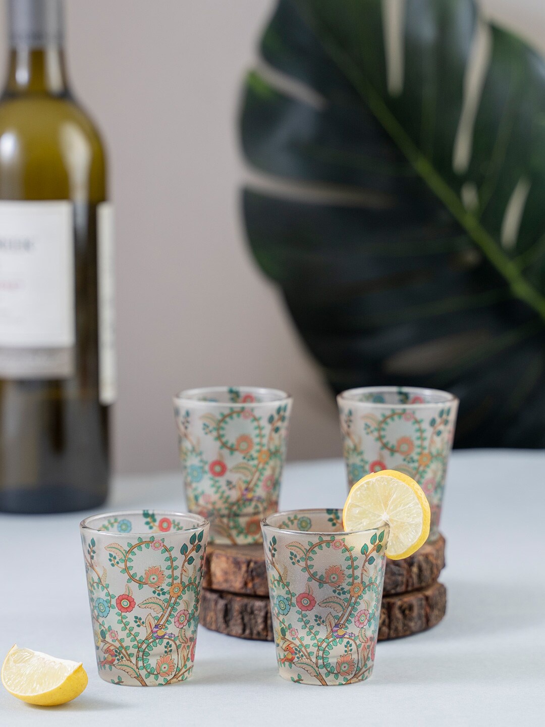 

KOLOROBIA Set of 4 White & Green Madhubani Art Shot Glasses 30 ml
