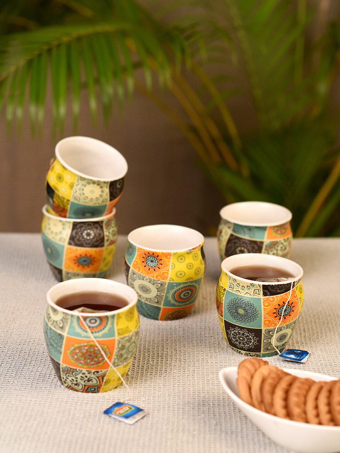 

Unravel India Set Of 6 Multicolored Printed Handmade Stoneware Kulhad, Multi