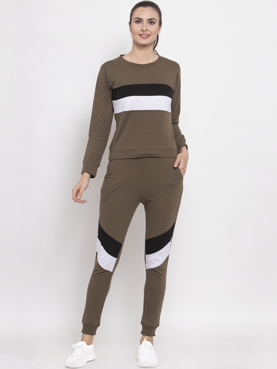 

Boston Club Women Olive Green & Black Solid Tracksuit