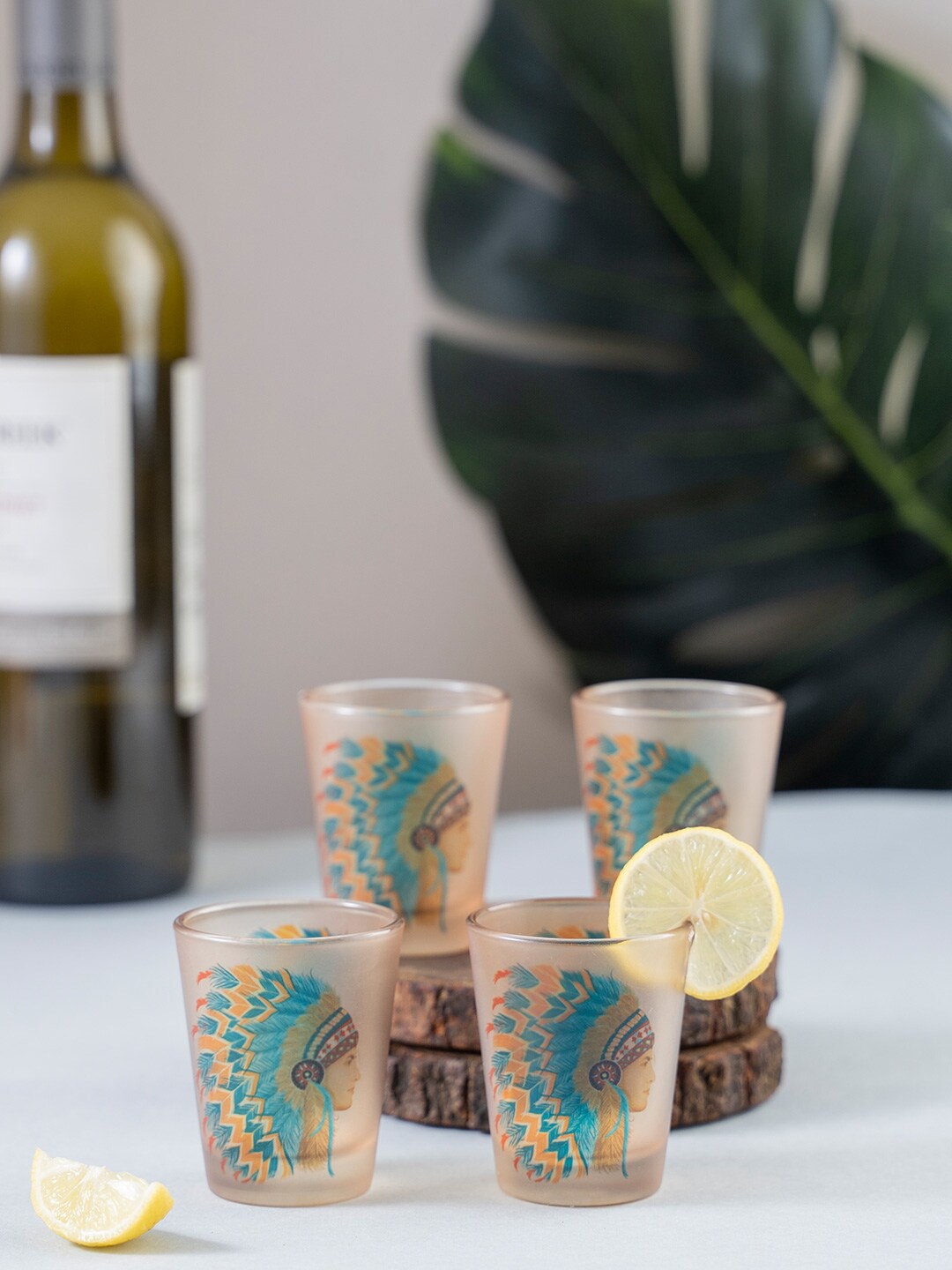 

KOLOROBIA Set Of 4 Blue & Yellow Red Indian Male Frosted Shot Glasses, Transparent