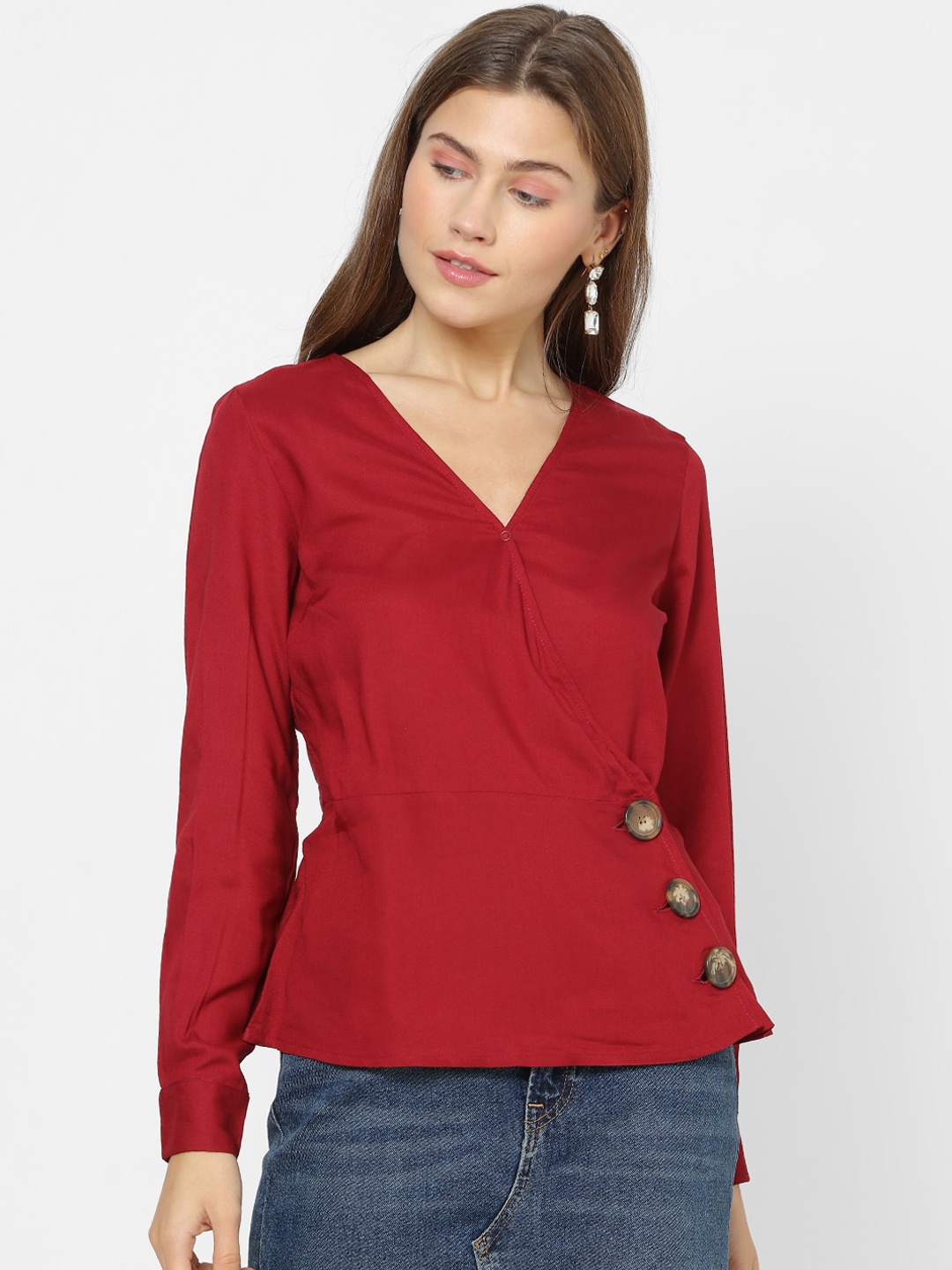 

FOREVER 21 Women Red Solid Wrap Top