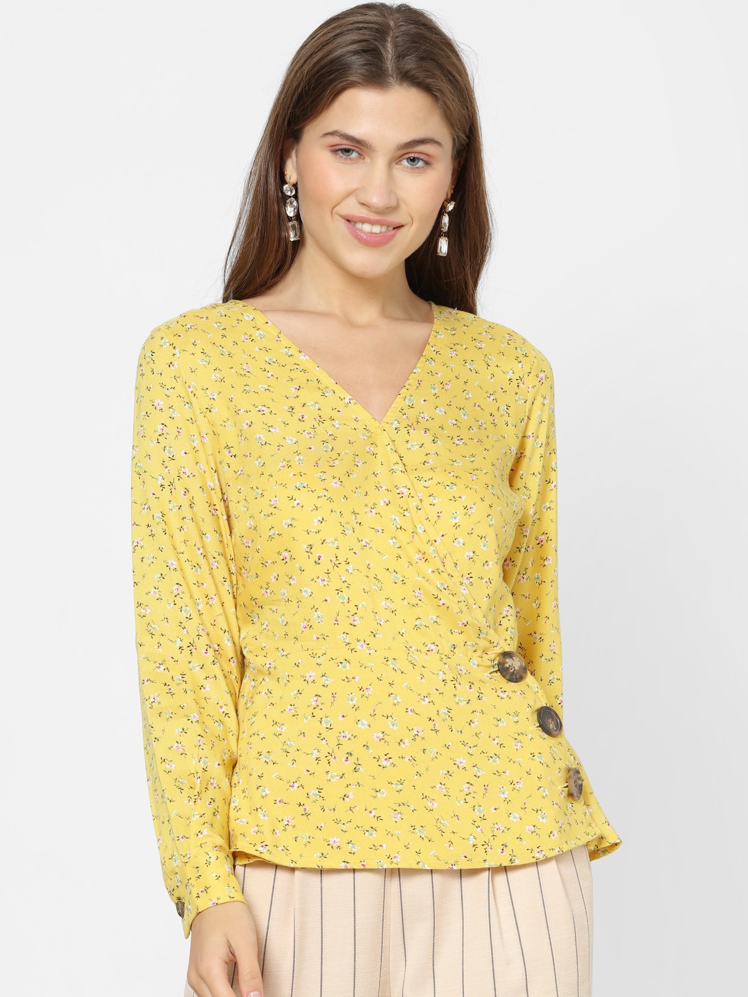 

FOREVER 21 Women Yellow Printed Wrap Top