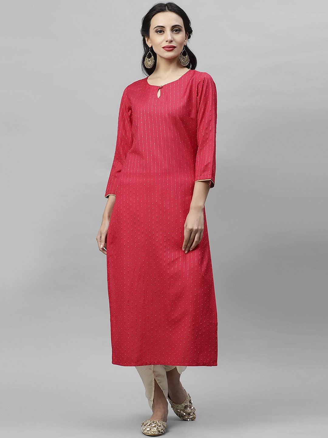 

Indo Era Women Pink & Off-White Striped Kurta with Dhoti Pants