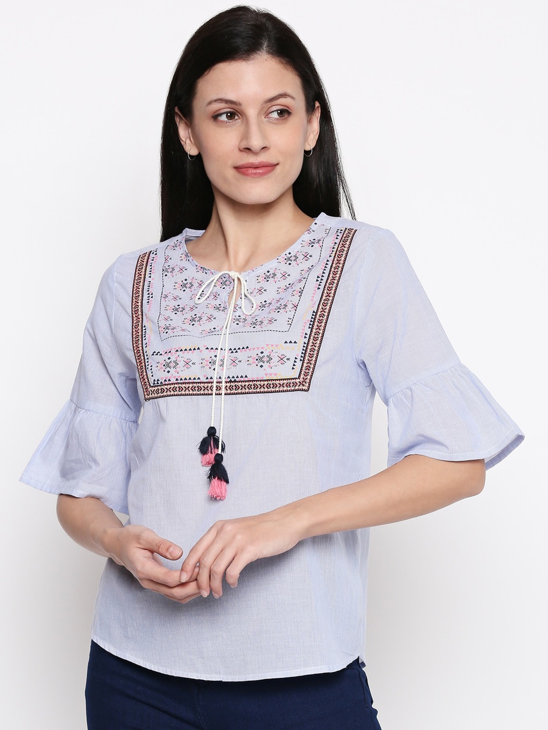 

People Women Blue Printed Top