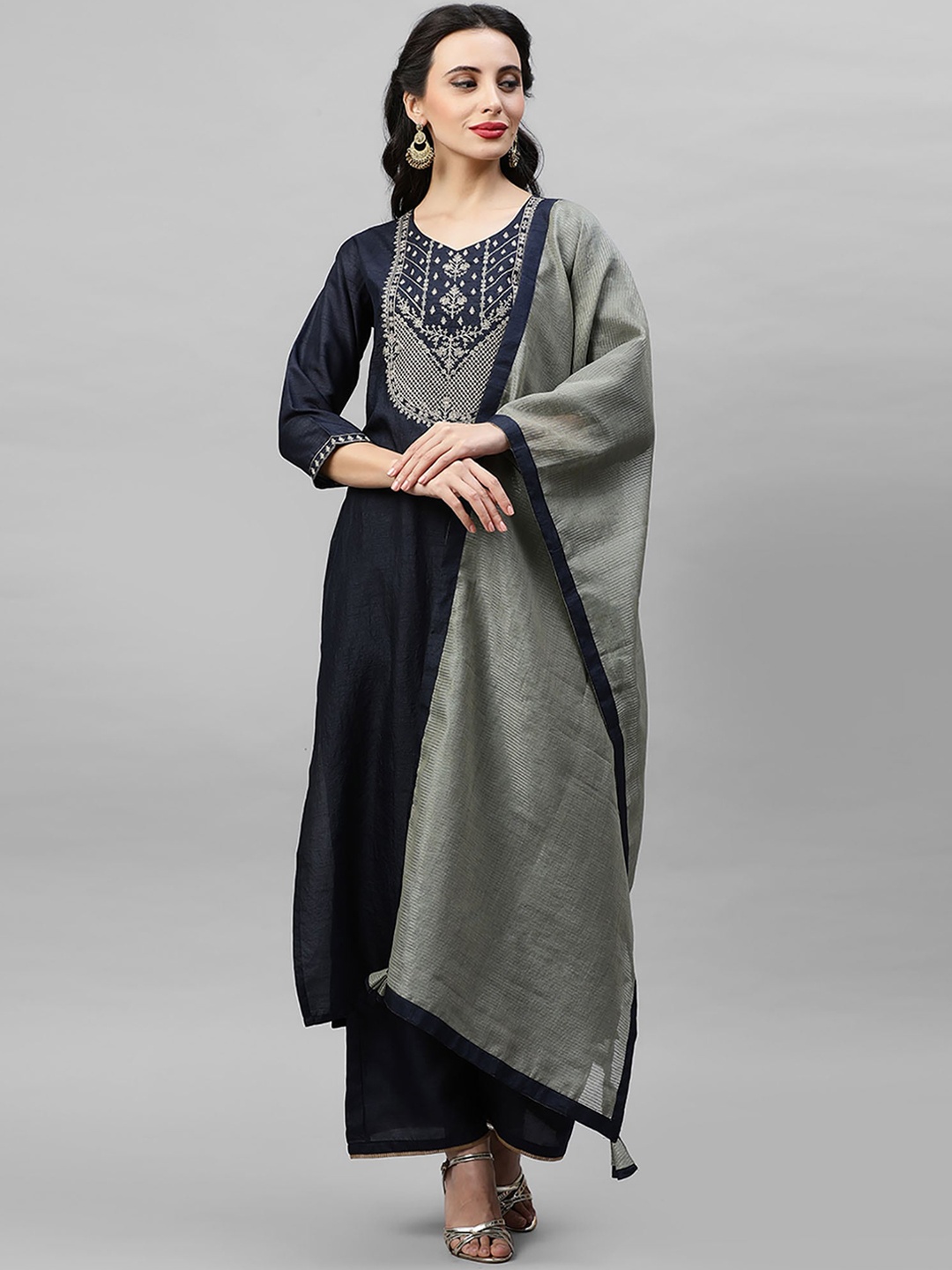 Indo Era Women Navy Blue Yoke Design Kurta with Palazzos & Dupatta