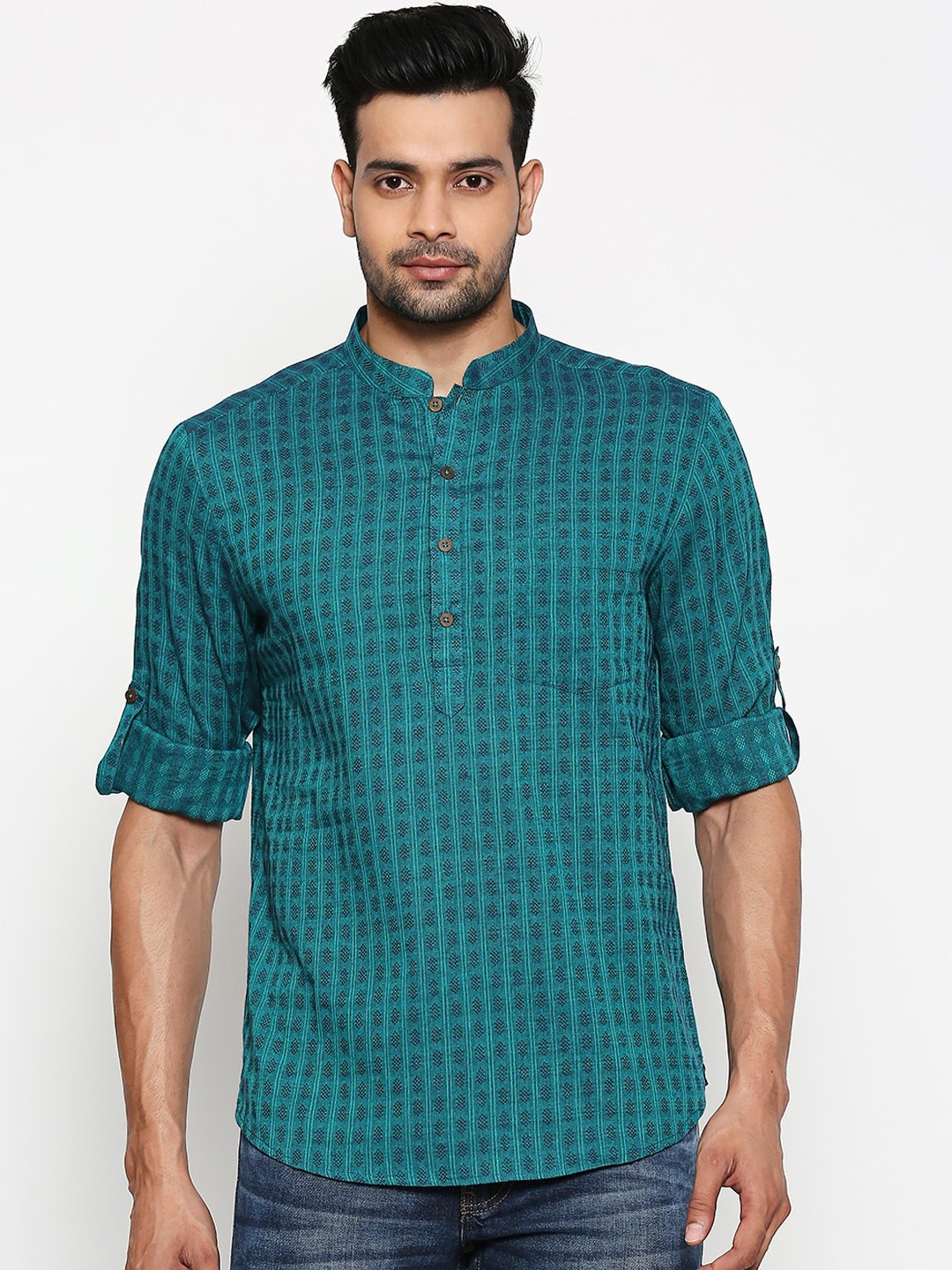 

indus route by Pantaloons Men Teal Blue Woven Design Straight Kurta