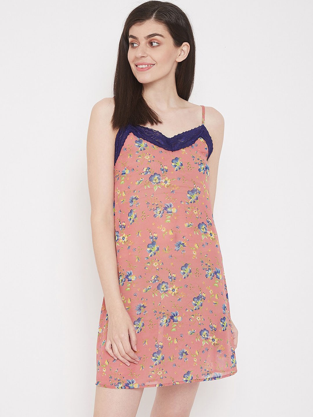

Clovia Women Pink & Blue Floral Printed Above Knee Baby Dolls