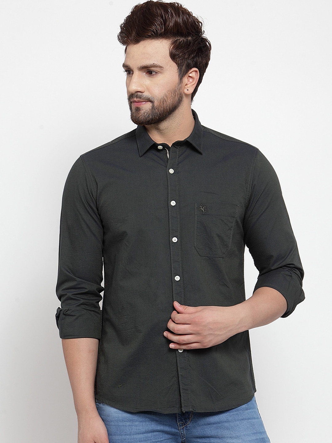 

Cantabil Men Green Slim Fit Solid Casual Shirt