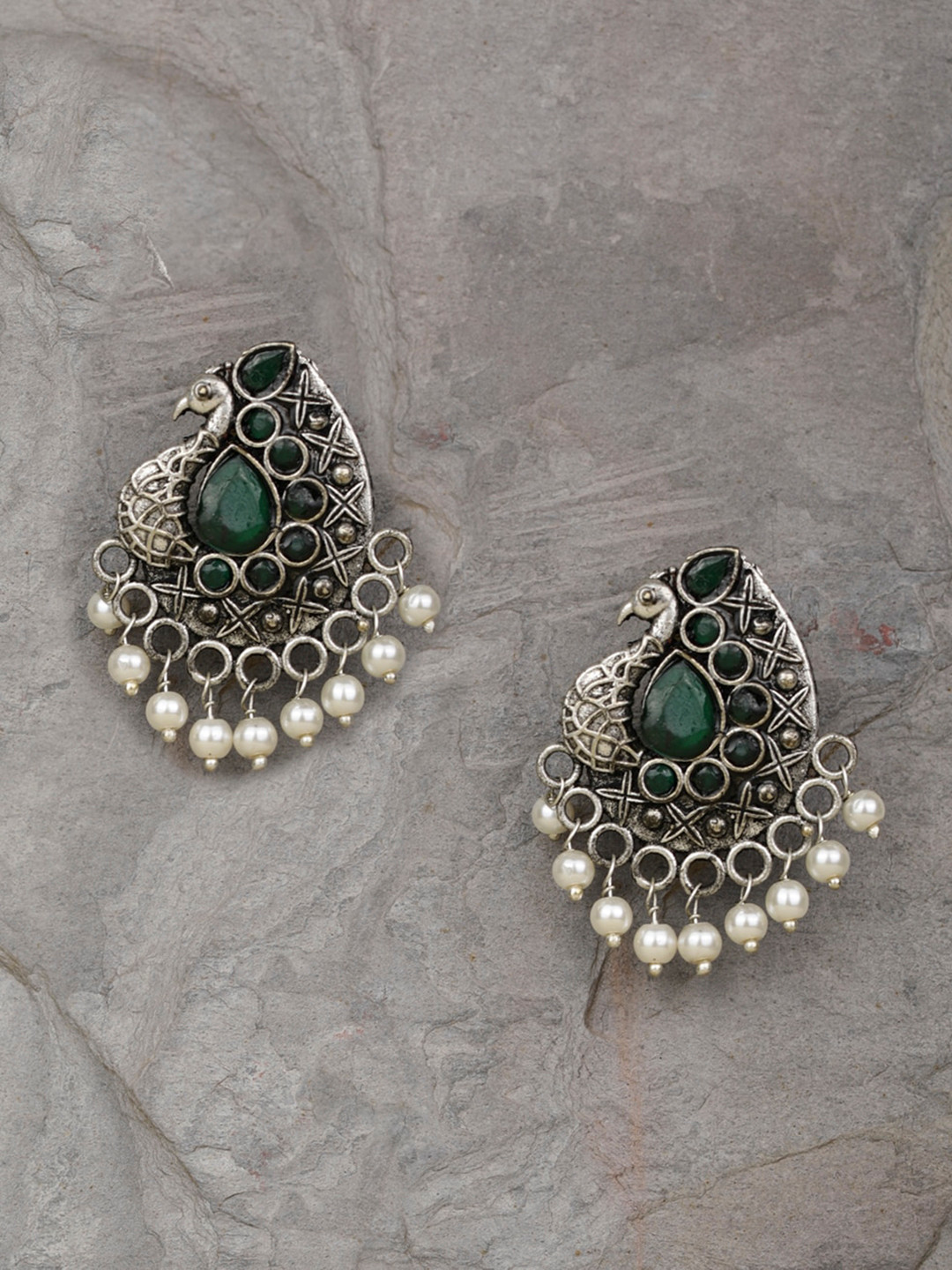 

Priyaasi Silver-Toned & Green Contemporary Studs