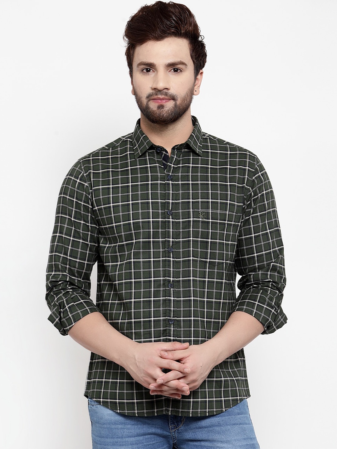 Cantabil Men Green & White Slim Fit Checked Casual Shirt
