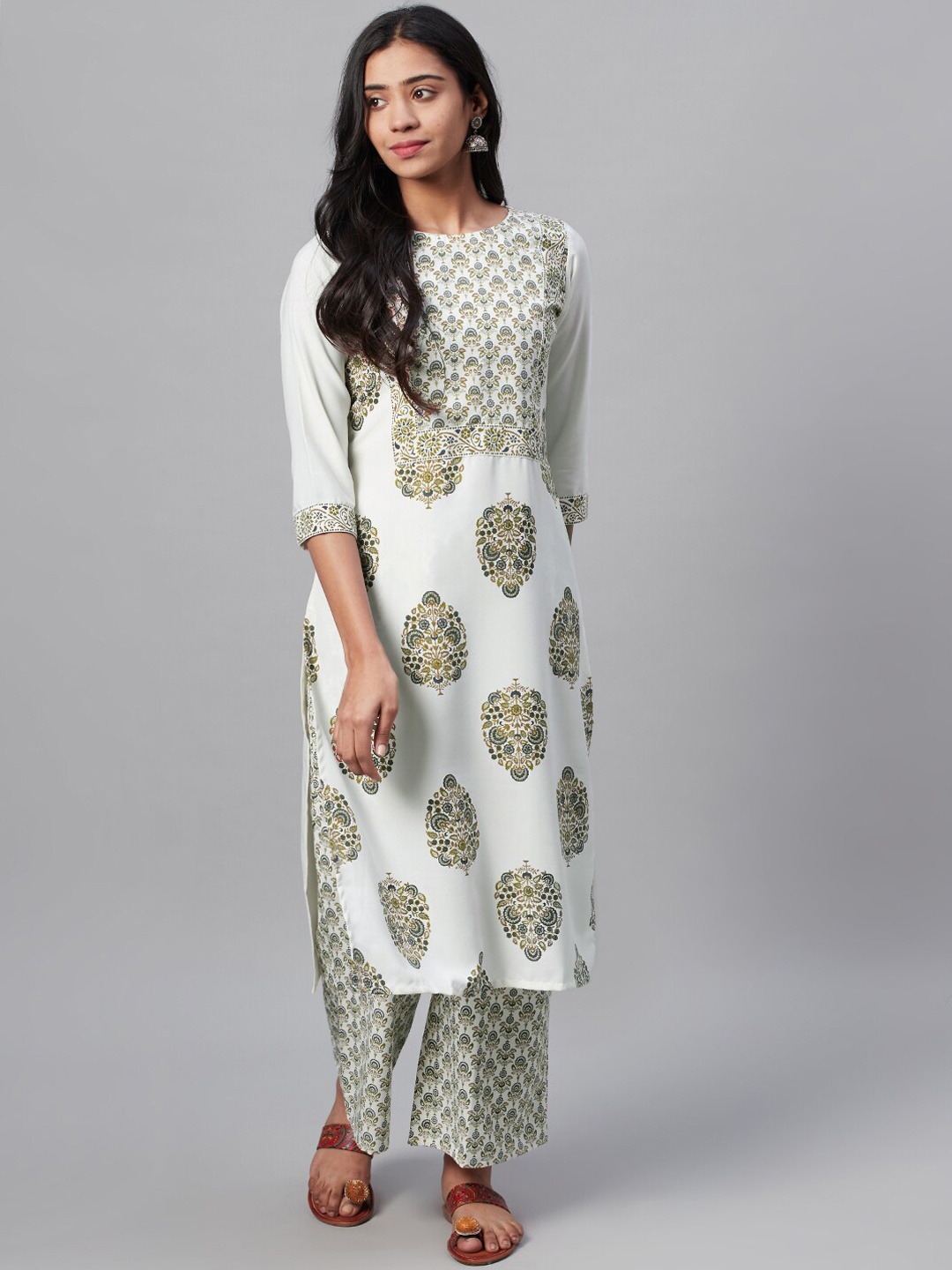 

ZIYAA Women Off-White Khari Printed A-Line Kurta