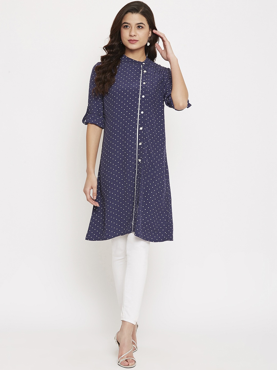 

Ruhaans Women Navy Blue & White Printed Tunic