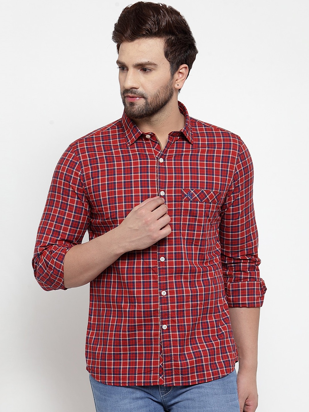 

Cantabil Men Red & Blue Slim Fit Checked Casual Shirt