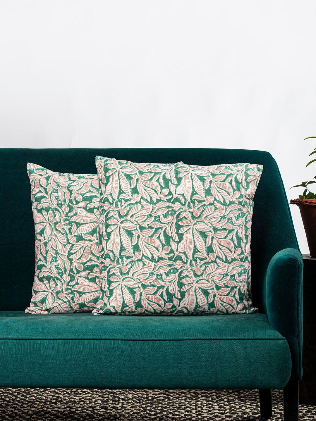 

Contrast Living Set Of 2 Green & White Printed Square Cushion Covers