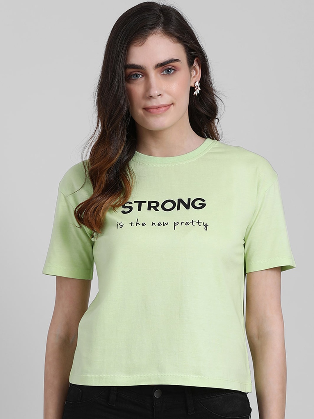 

Zink London Women Lime Green Printed Round Neck Pure Cotton T-shirt