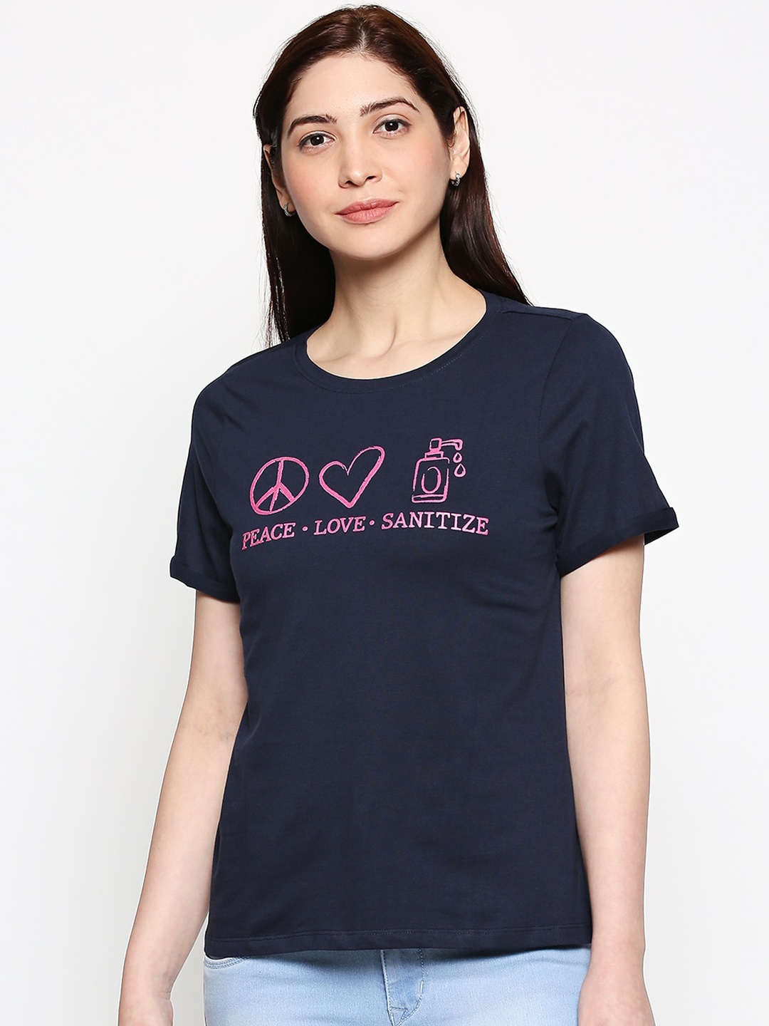 

People Women Navy Blue Printed Round Neck T-shirt