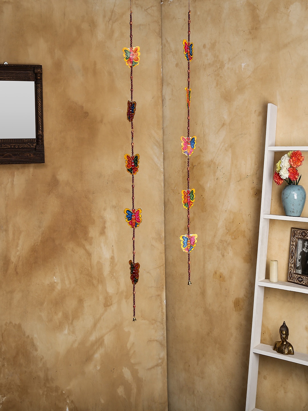 

Unravel India Set of 2 Yellow & Copper-Toned Leather Butterfly Puppets Windchime