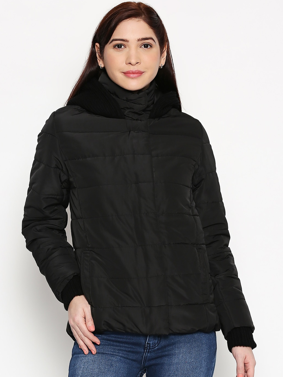 

People Women Black Solid Padded Jacket