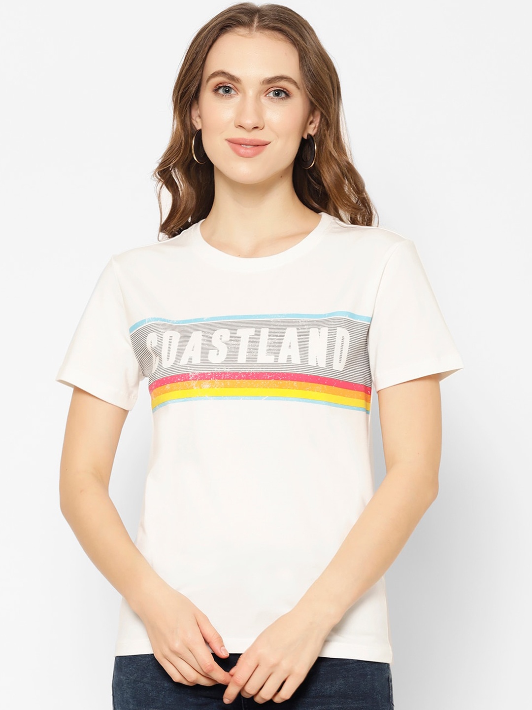

COASTLAND Women White Printed Round Neck T-shirt