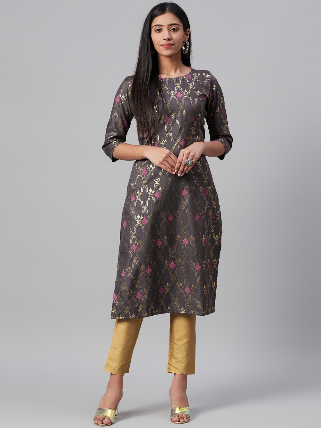 

ZIYAA Women Grey Printed Straight Kurta