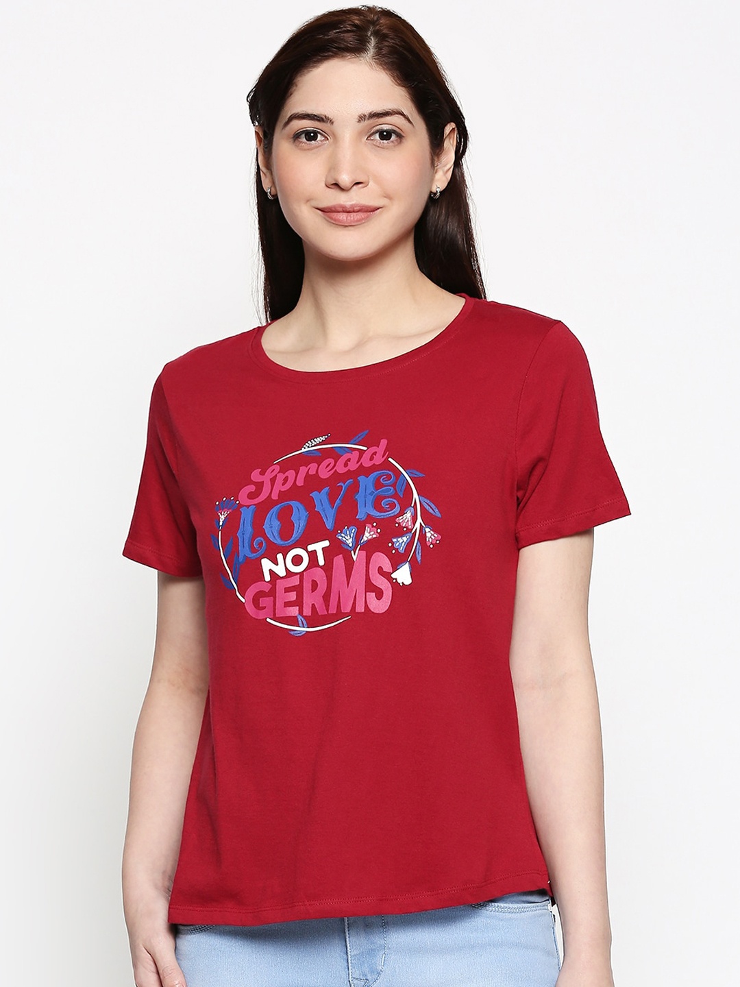 

People Women Red Printed Round Neck T-shirt