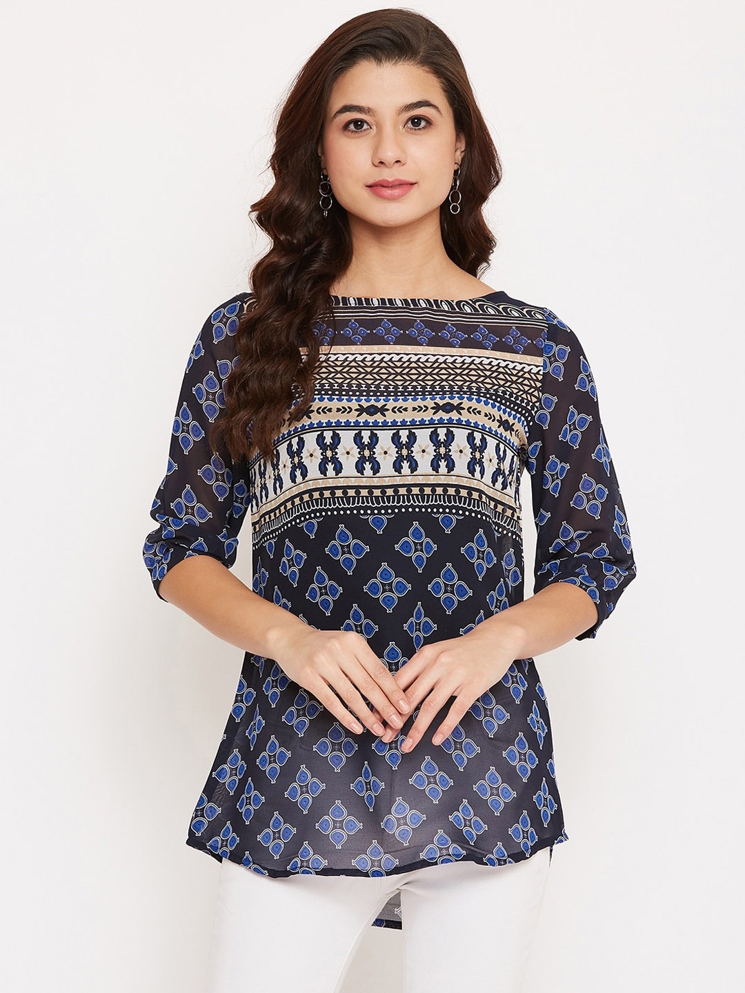 

Ruhaans Women Navy Blue Printed High-Low Top