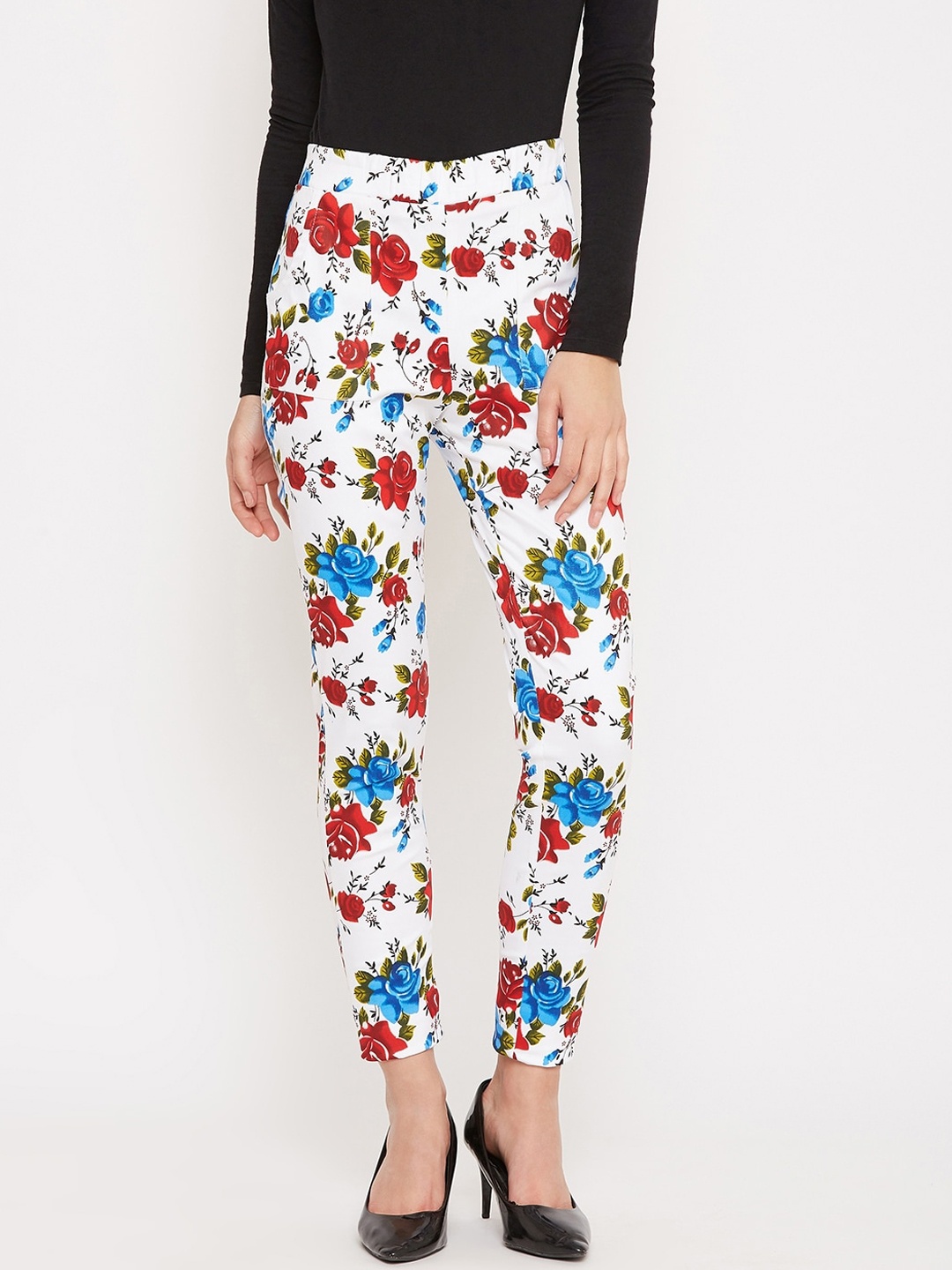 

Ruhaans Women White & Blue Floral Printed Ankle-Length Treggings