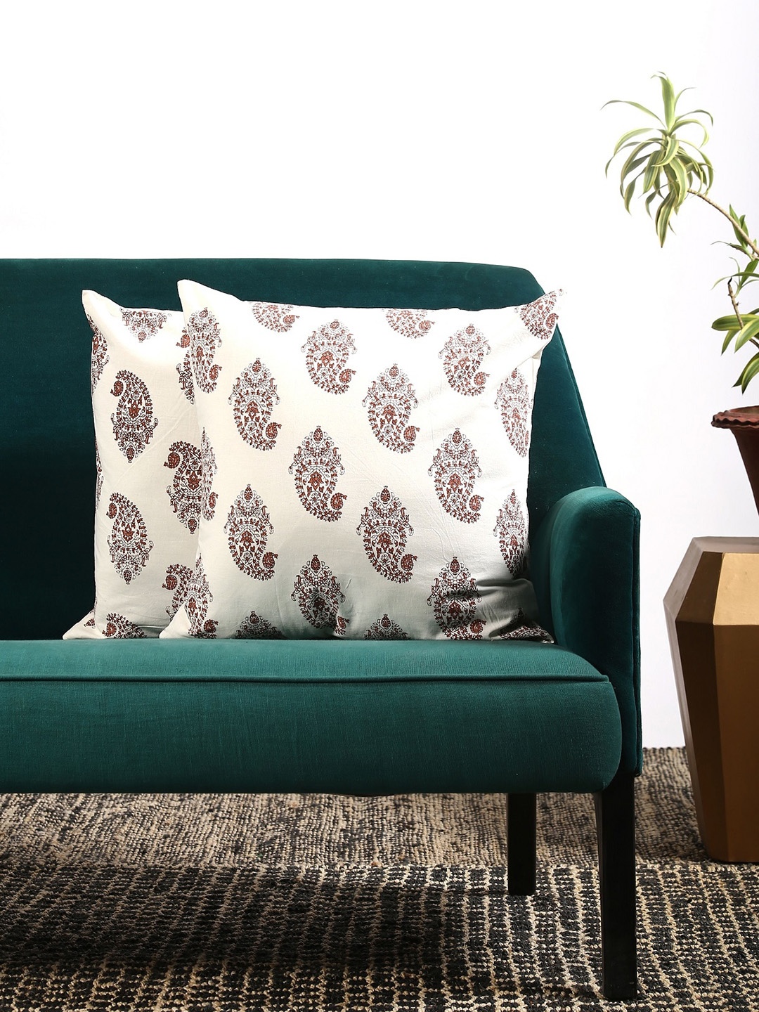 Contrast Living Set Of 2 White & Brown Printed Square Cushion Covers