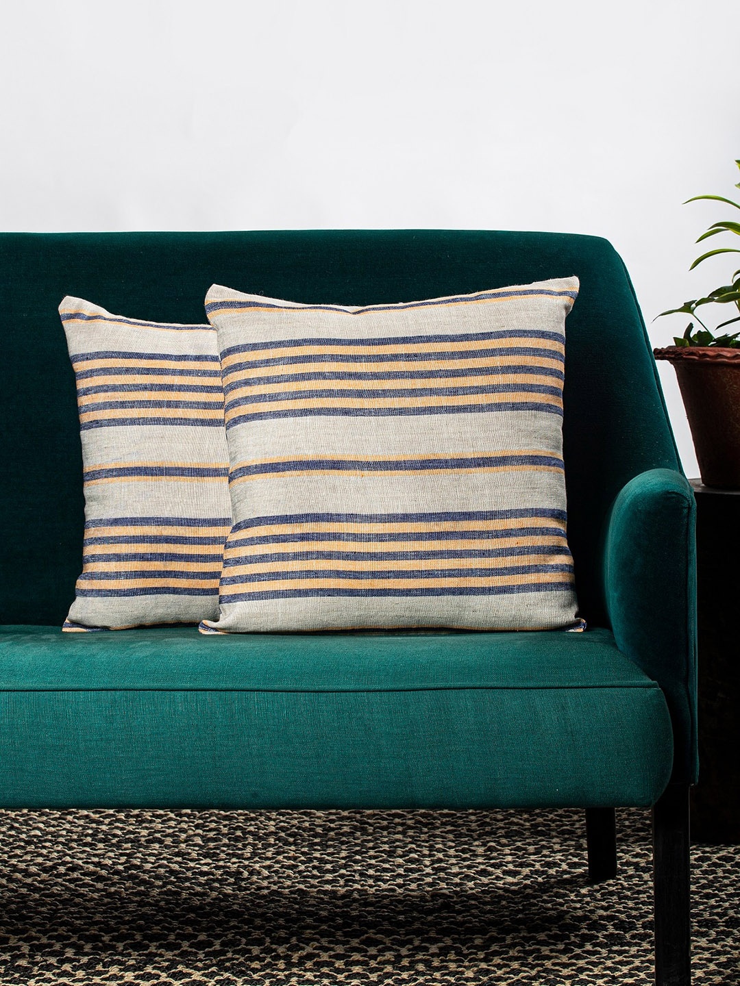 

Contrast Living Set Of 2 Grey & Navy Blue Striped Square Cushion Cover
