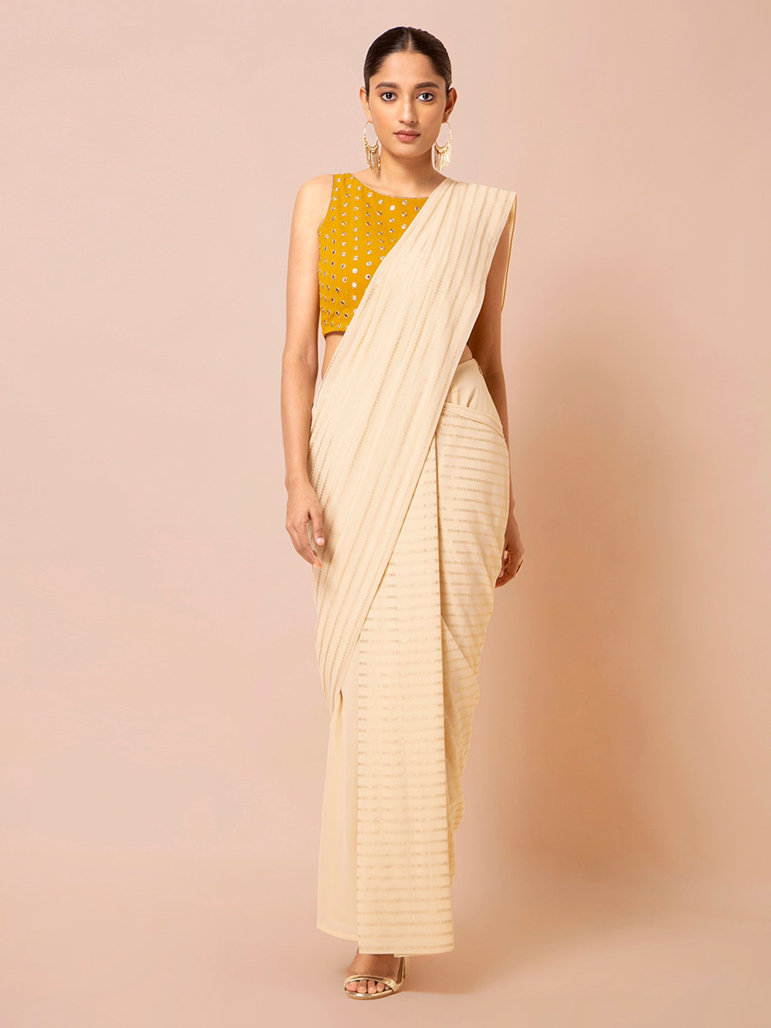 

INDYA Beige Foil Striped Saree Skirt