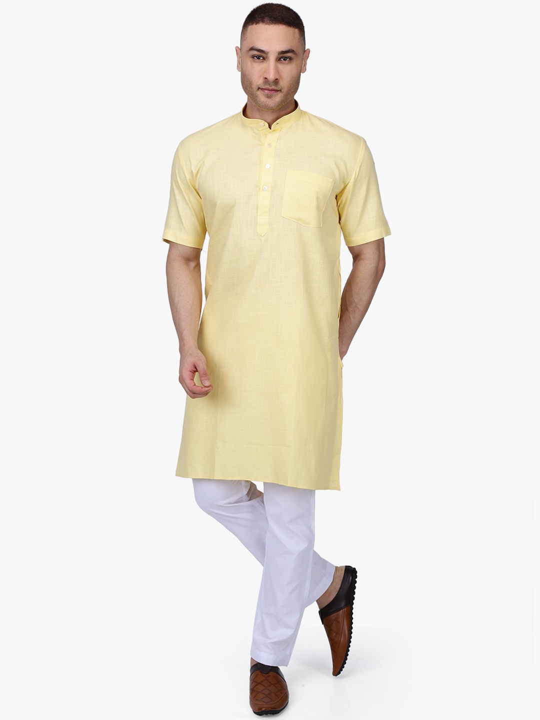 RAJUBHAI HARGOVINDAS Men Cream-Coloured Solid Straight Kurta