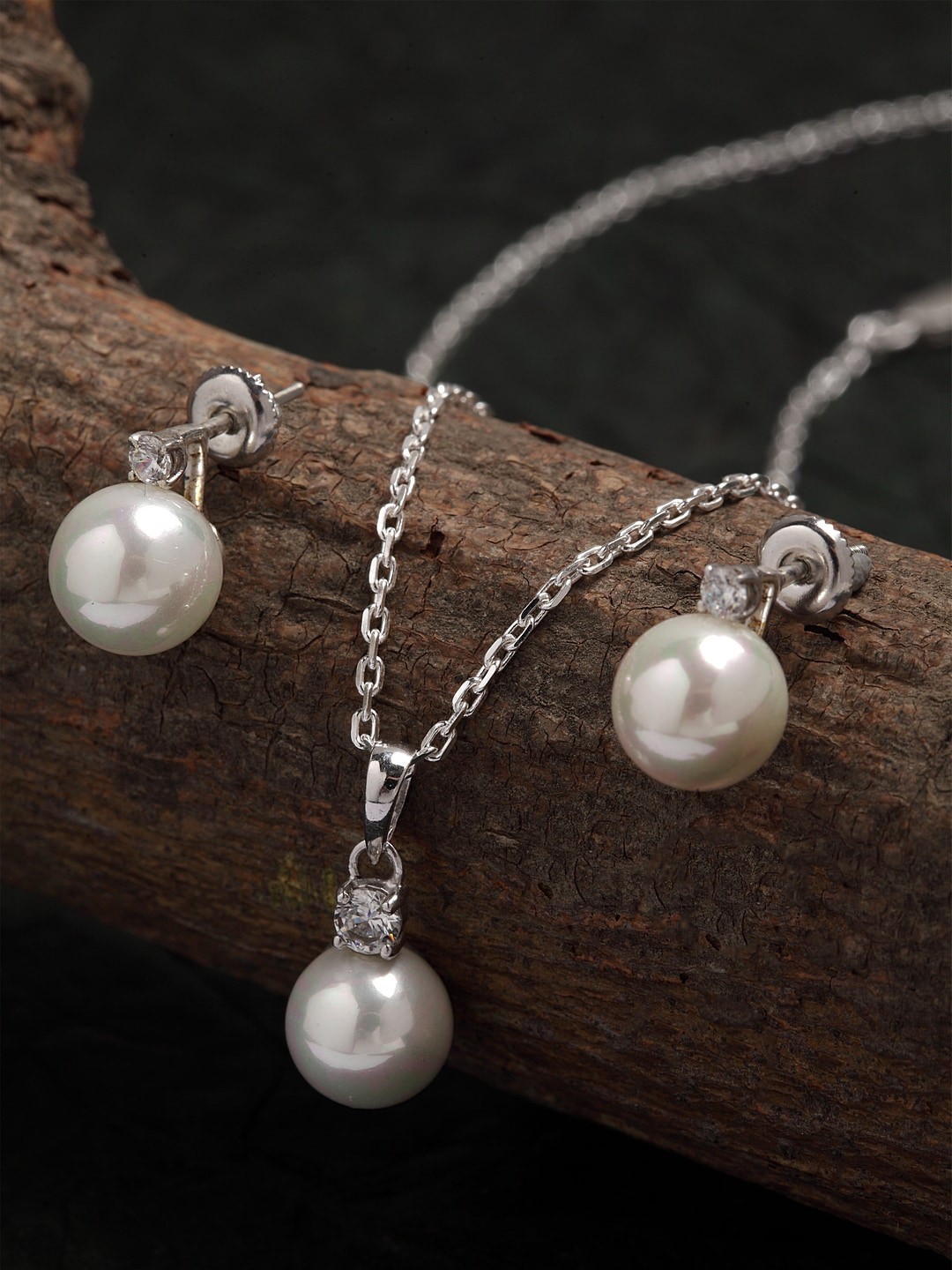 Clara 92.5 Sterling Silver Rhodium-Plated & White CZ Studded & Pearl Beaded Jewellery set