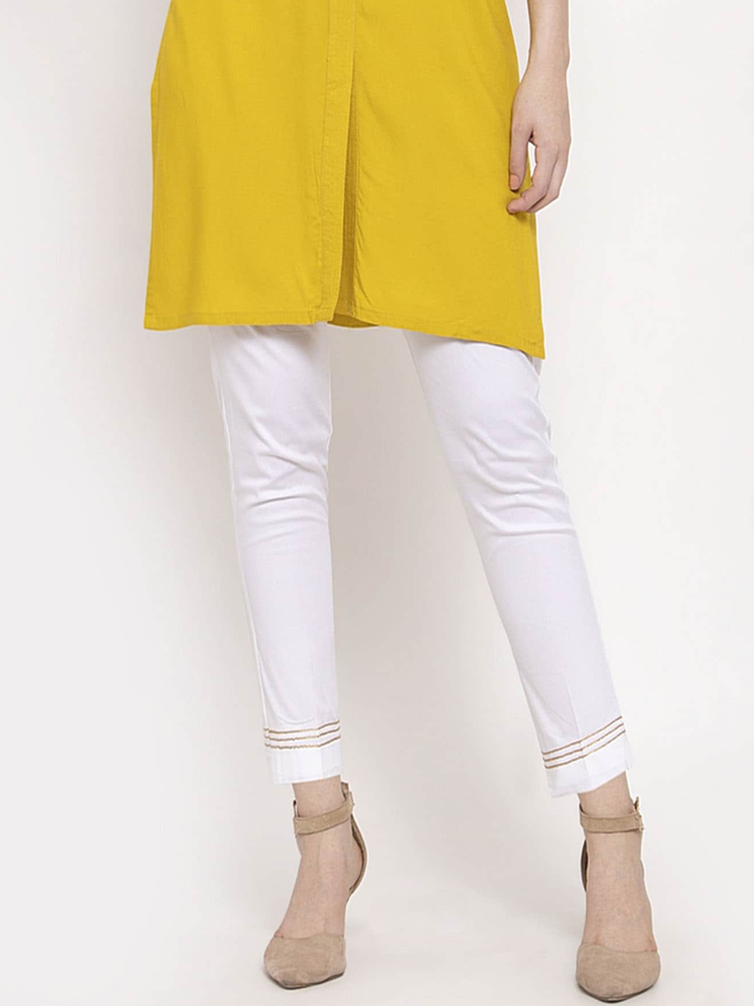 

DUGRI BE THE ONE Women White & Gold-Toned Regular Fit Solid Regular Trousers