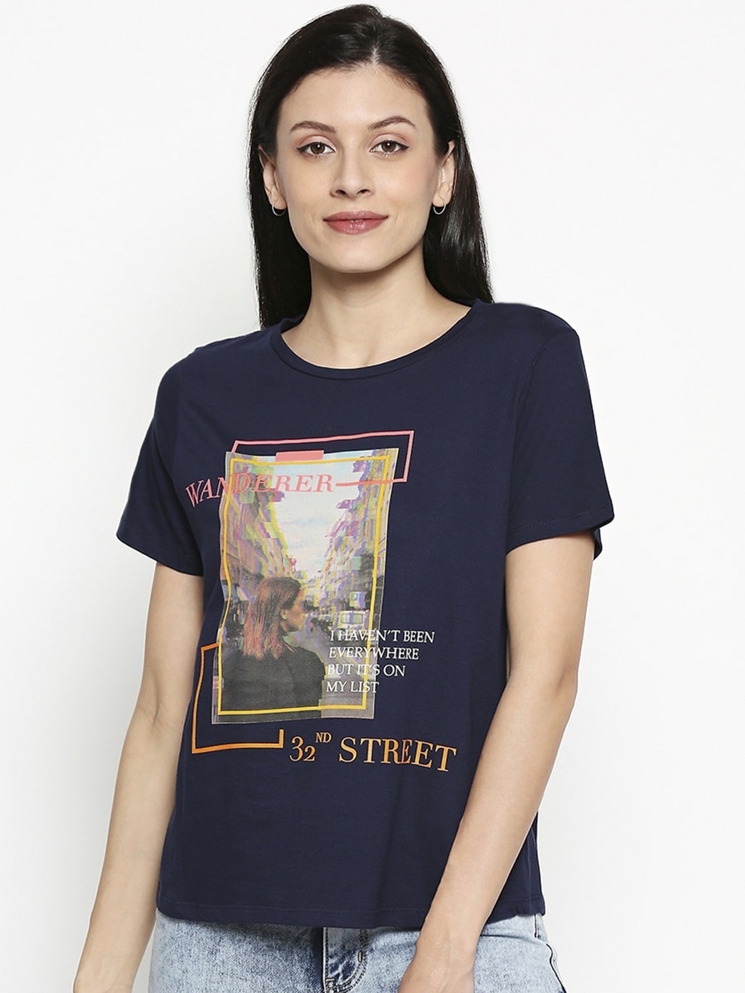 

People Women Navy Blue Printed Round Neck T-shirt