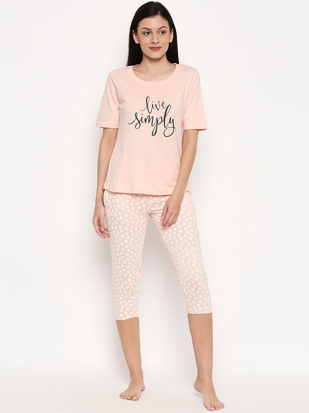 

XIN Women Peach-Colored & Black Printed Night Suit