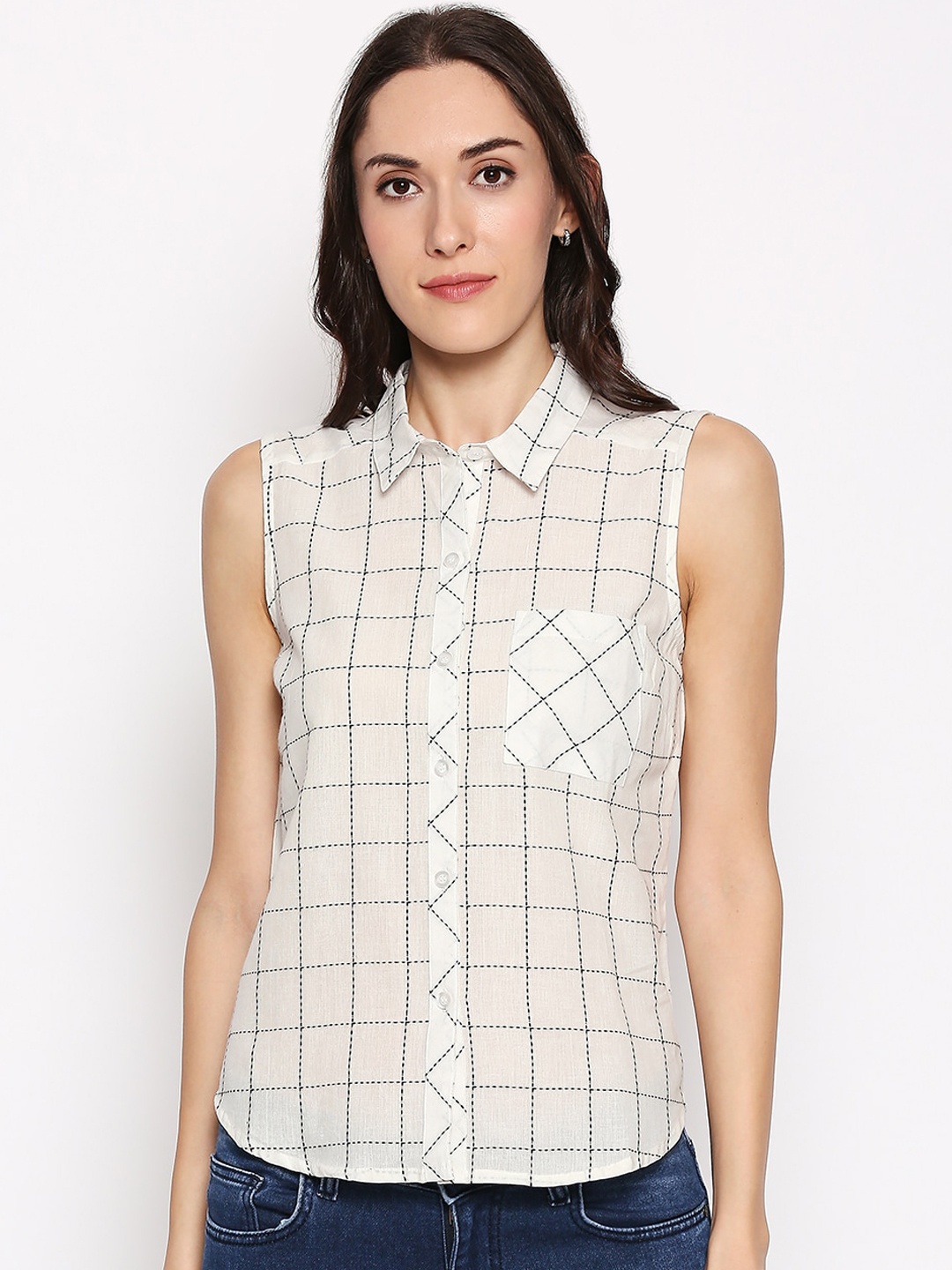

People Women White Regular Fit Checked Casual Shirt