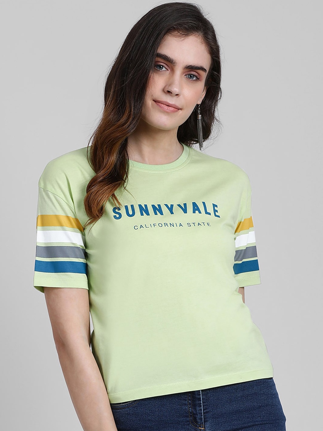 

Zink London Women Lime Green Printed Round Neck Pure Cotton T-shirt