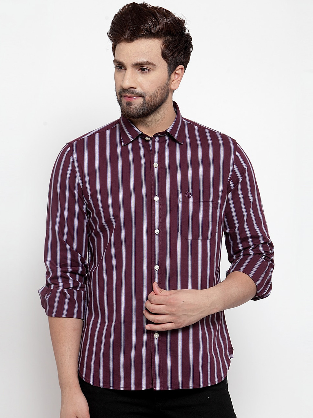 

Cantabil Men Burgundy & Grey Slim Fit Striped Casual Shirt
