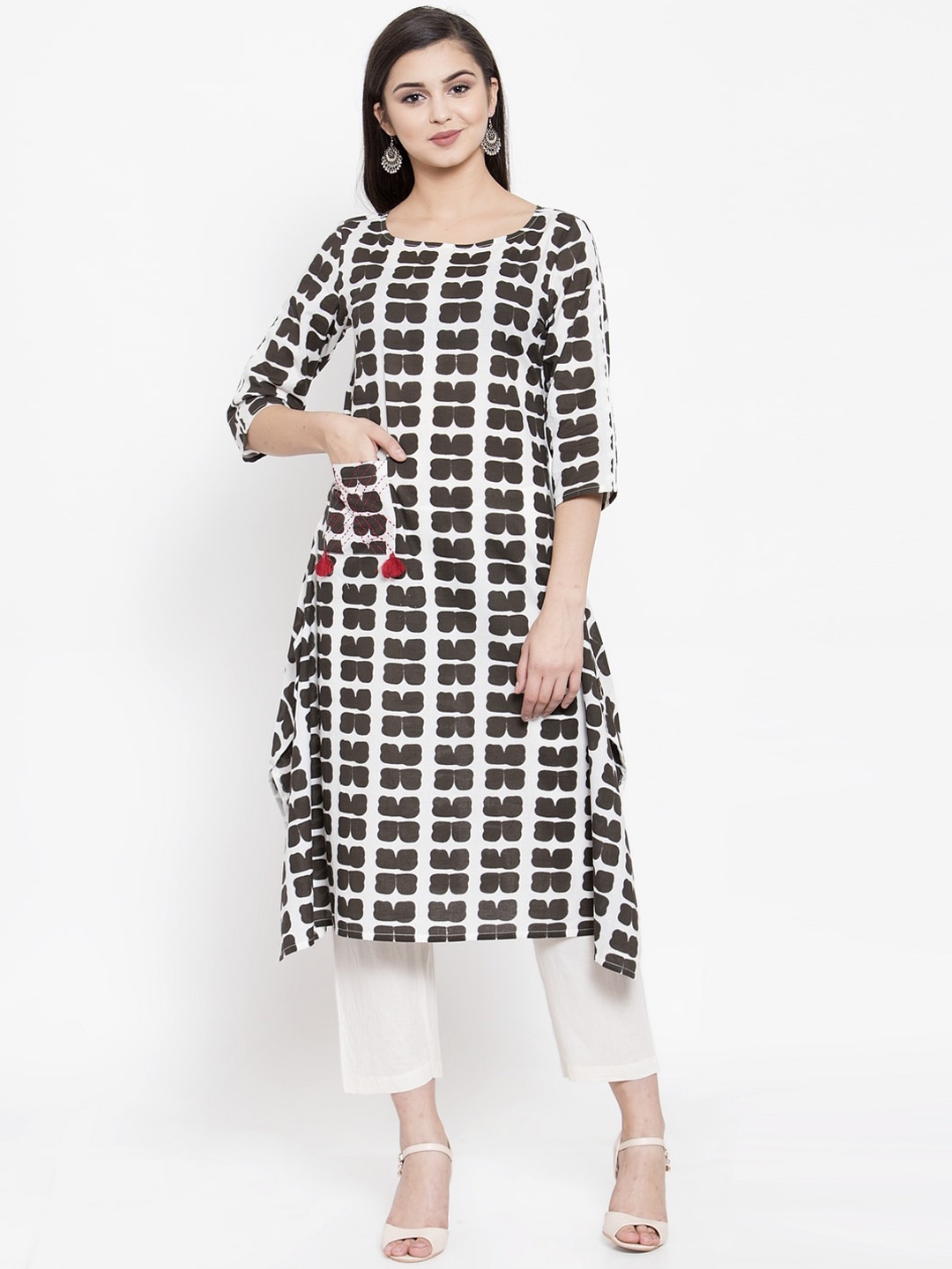 The Kurta Express Women Black & White Printed A-Line Kurta