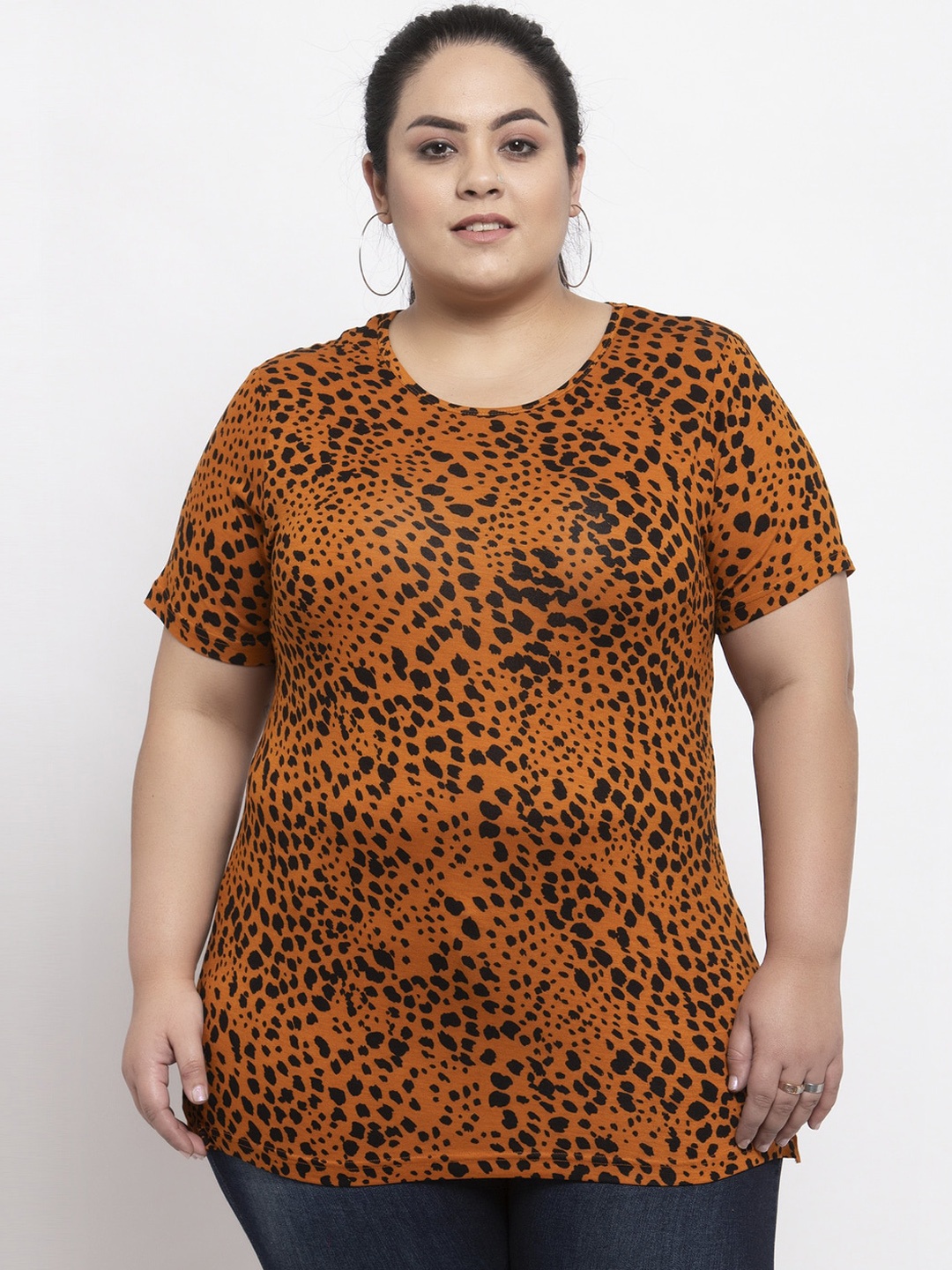 

plusS Women Brown Printed Round Neck T-shirt