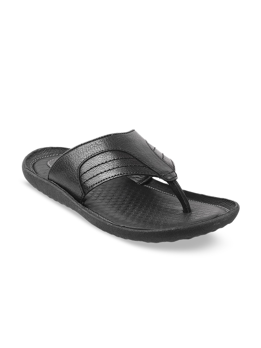 

Mochi Men Black Solid Leather Comfort Sandals
